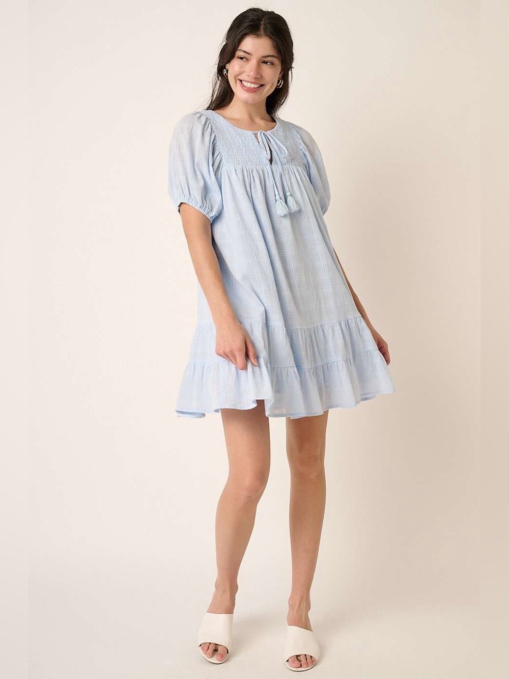 Mittoshop Tassel Tie Plaid Gauze Short Sleeve Mini Dress - Picture 5 of 5
